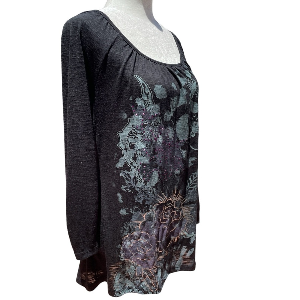 Style & Co Womens Black Purple Blouse Top Bedazzled Ruching Medium EUC - Picture 2 of 12